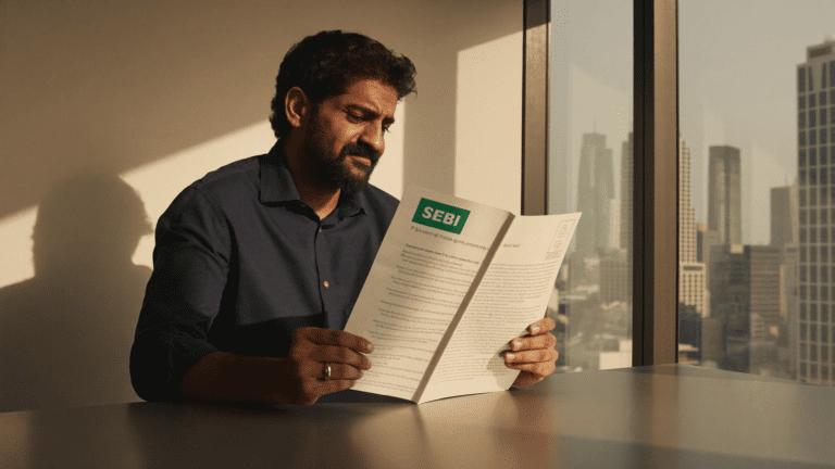 Indian CTO at desk in Mumbai financial advisory office reading SEBI inspection notice on Friday afternoon