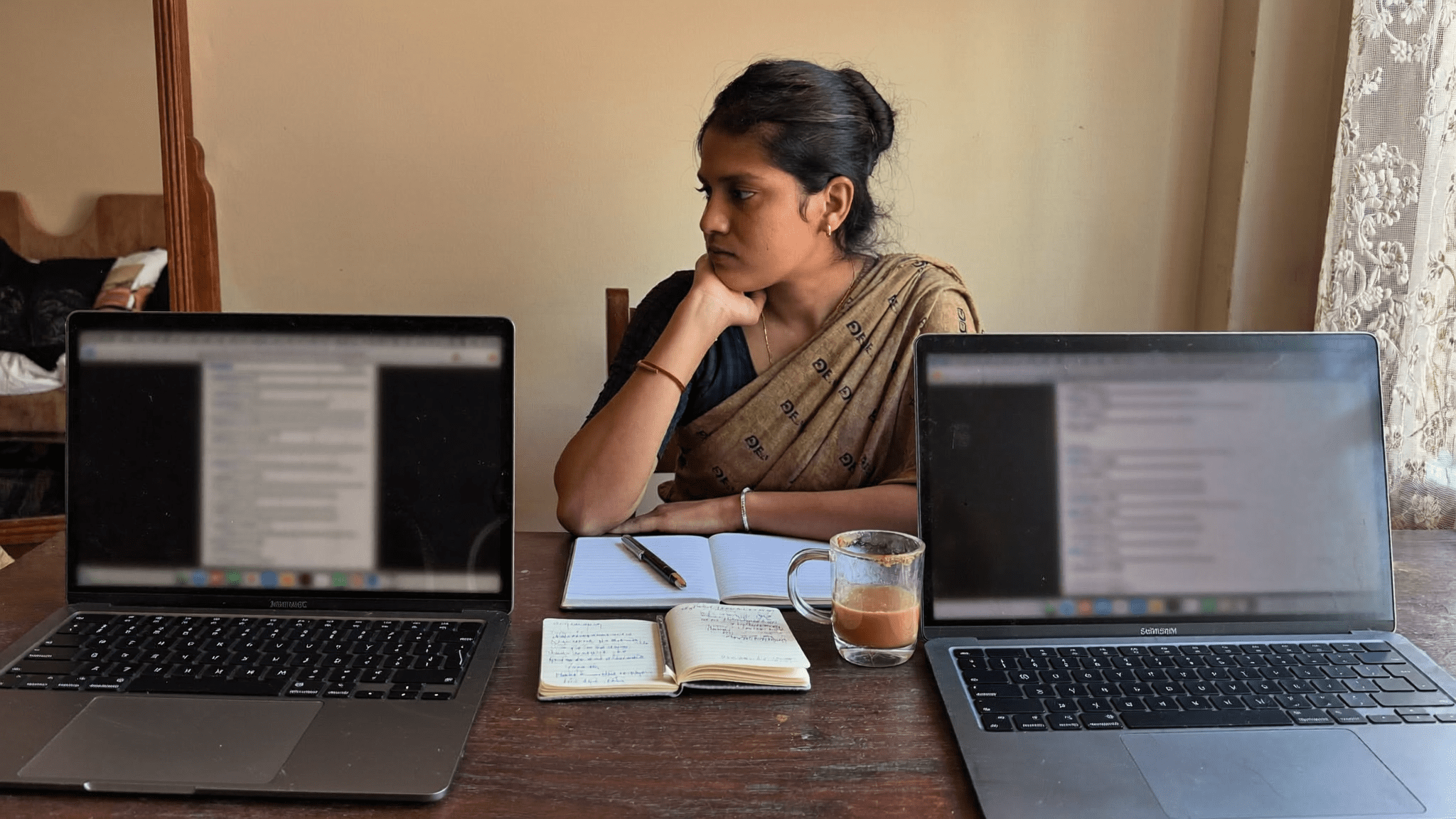 Indian M365 admin testing DLP coverage at home Saturday morning with two laptops and notebook