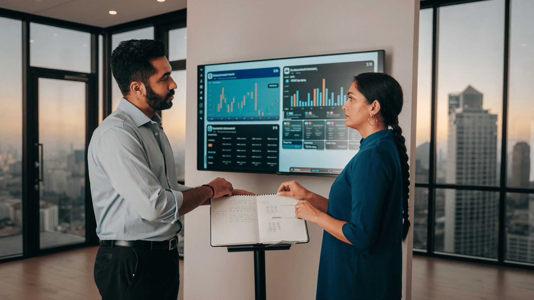 Indian Head of IT and CFO at a Mumbai BKC fintech reviewing three MDM tool consoles on adjacent screens during a 90 day trial
