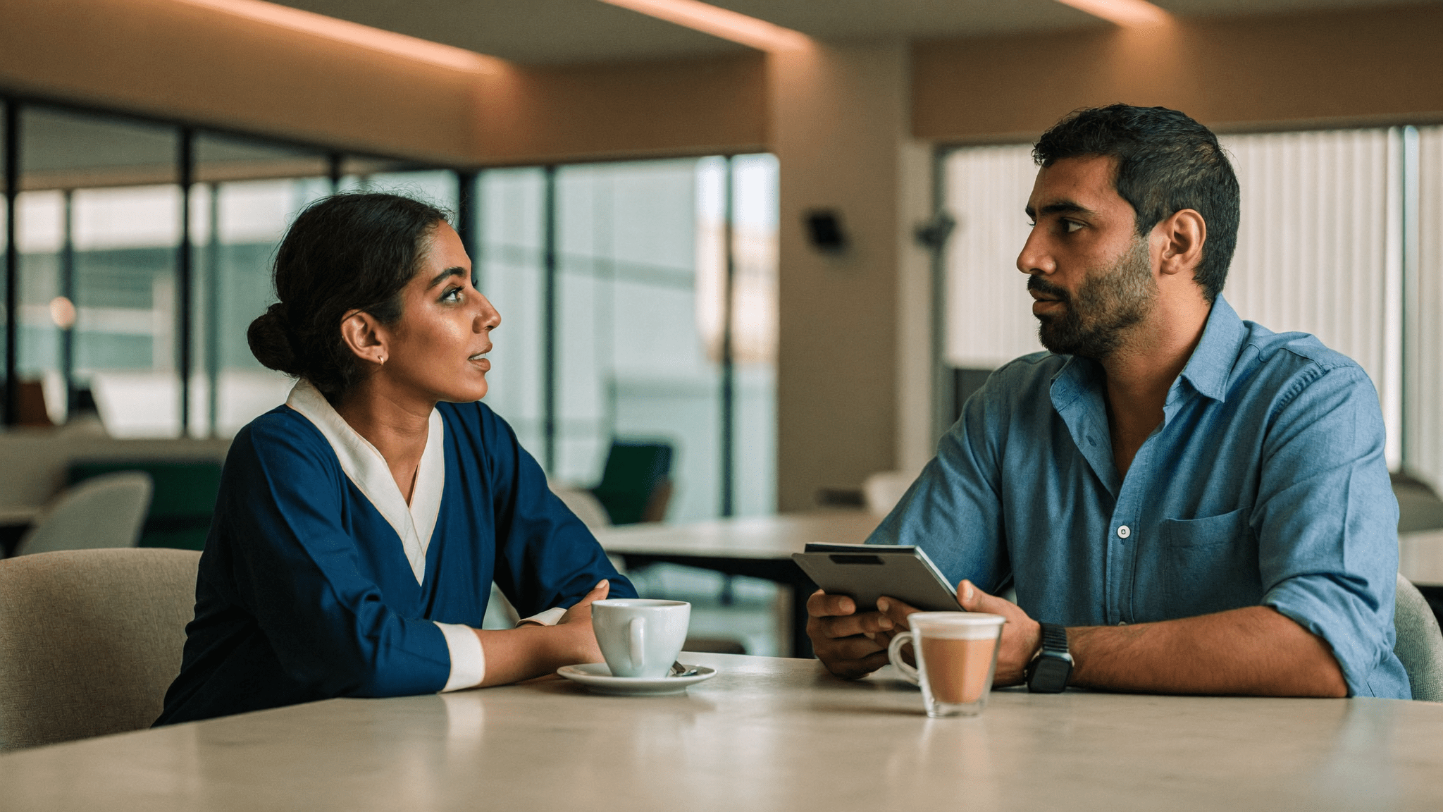 Two Indian SaaS professionals discussing it asset disposal dpdp india risk over filter coffee in Bengaluru office cafeteria mid morning
