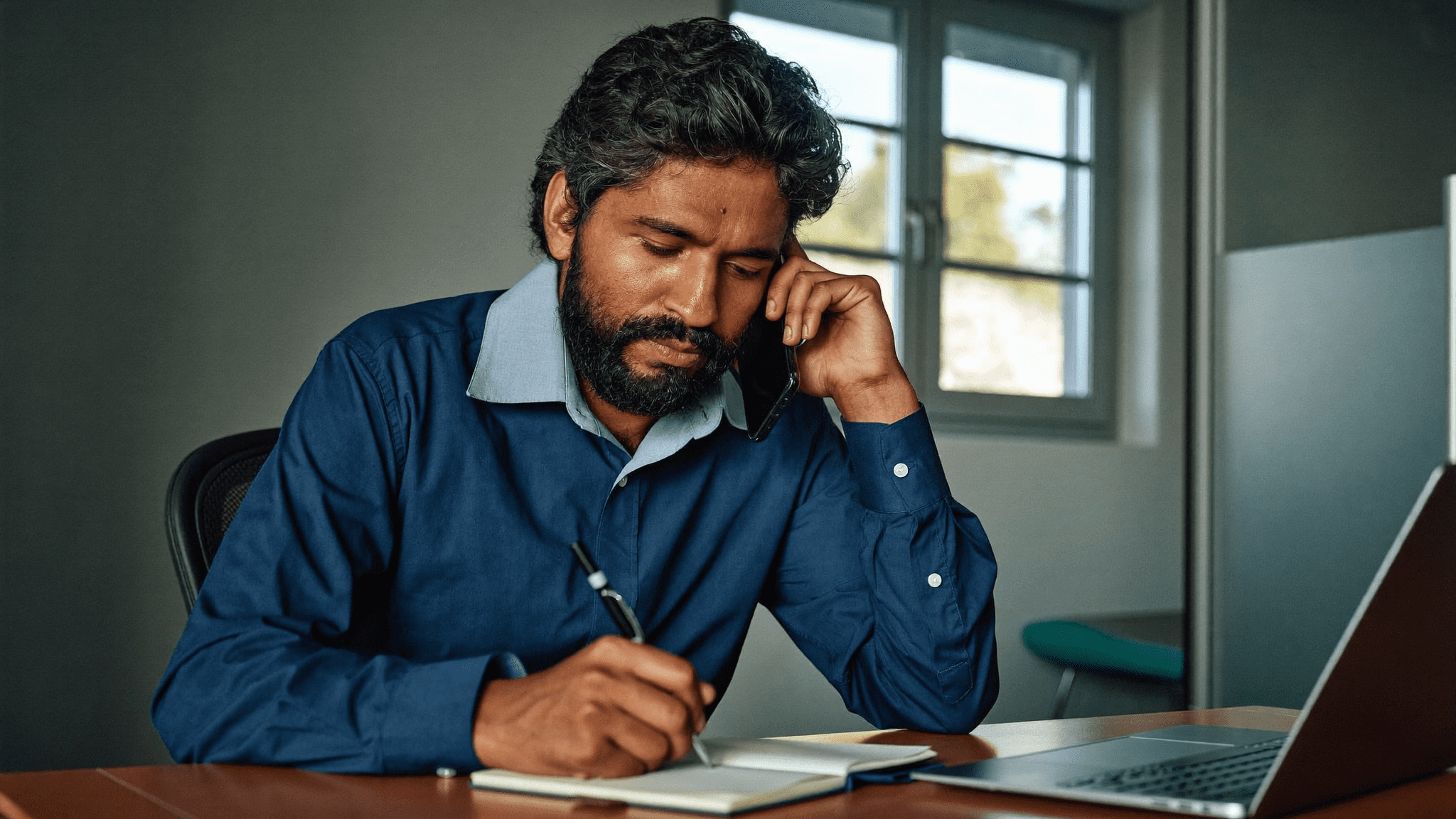 Indian IT head on focused phone call with itad vendor taking notes on Friday afternoon Bengaluru SaaS office it asset disposal dpdp india