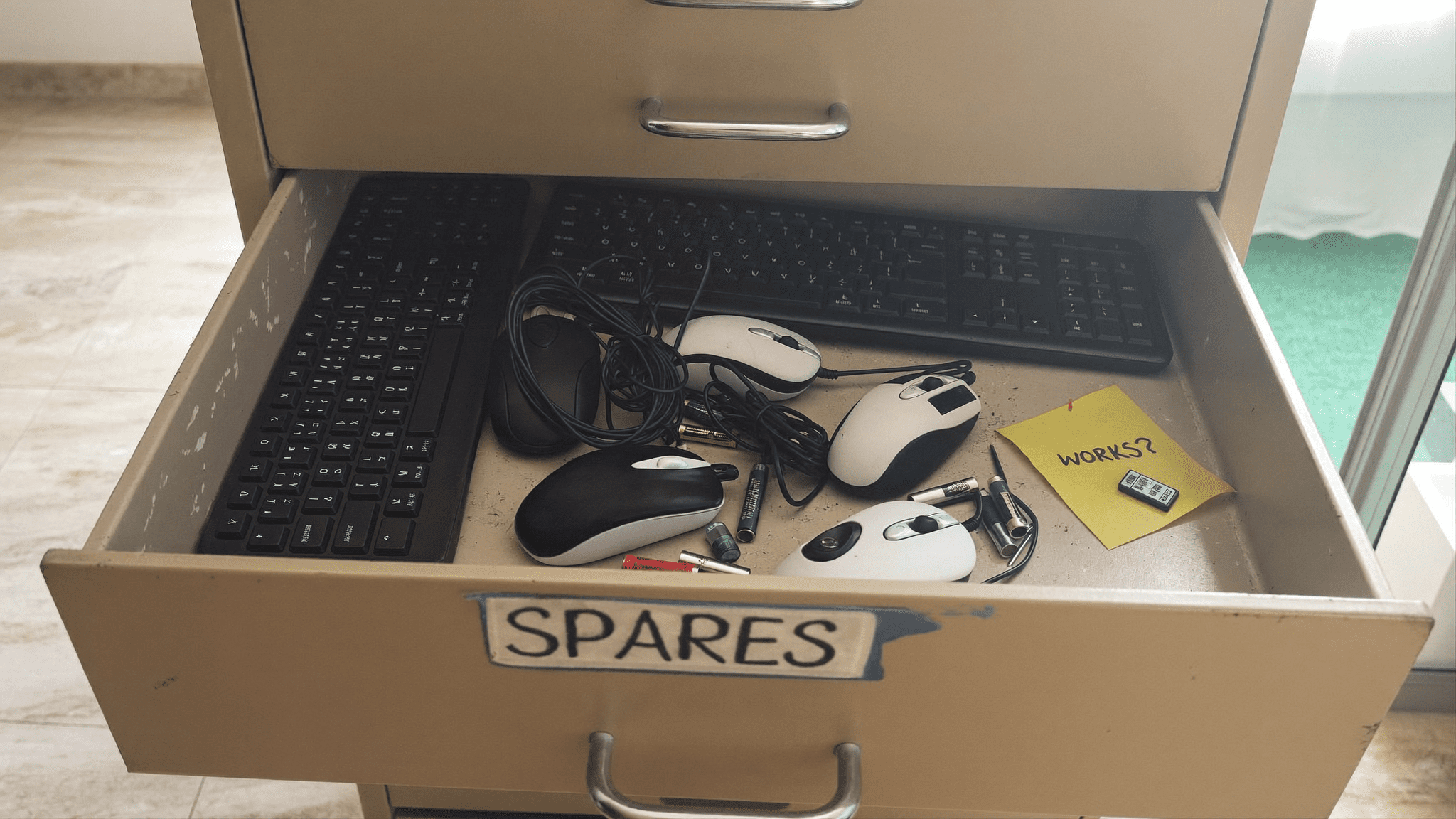 The Logitech standardisation project brief: an unsorted IT spares drawer in a Lower Parel Mumbai office, four mouse brands deep