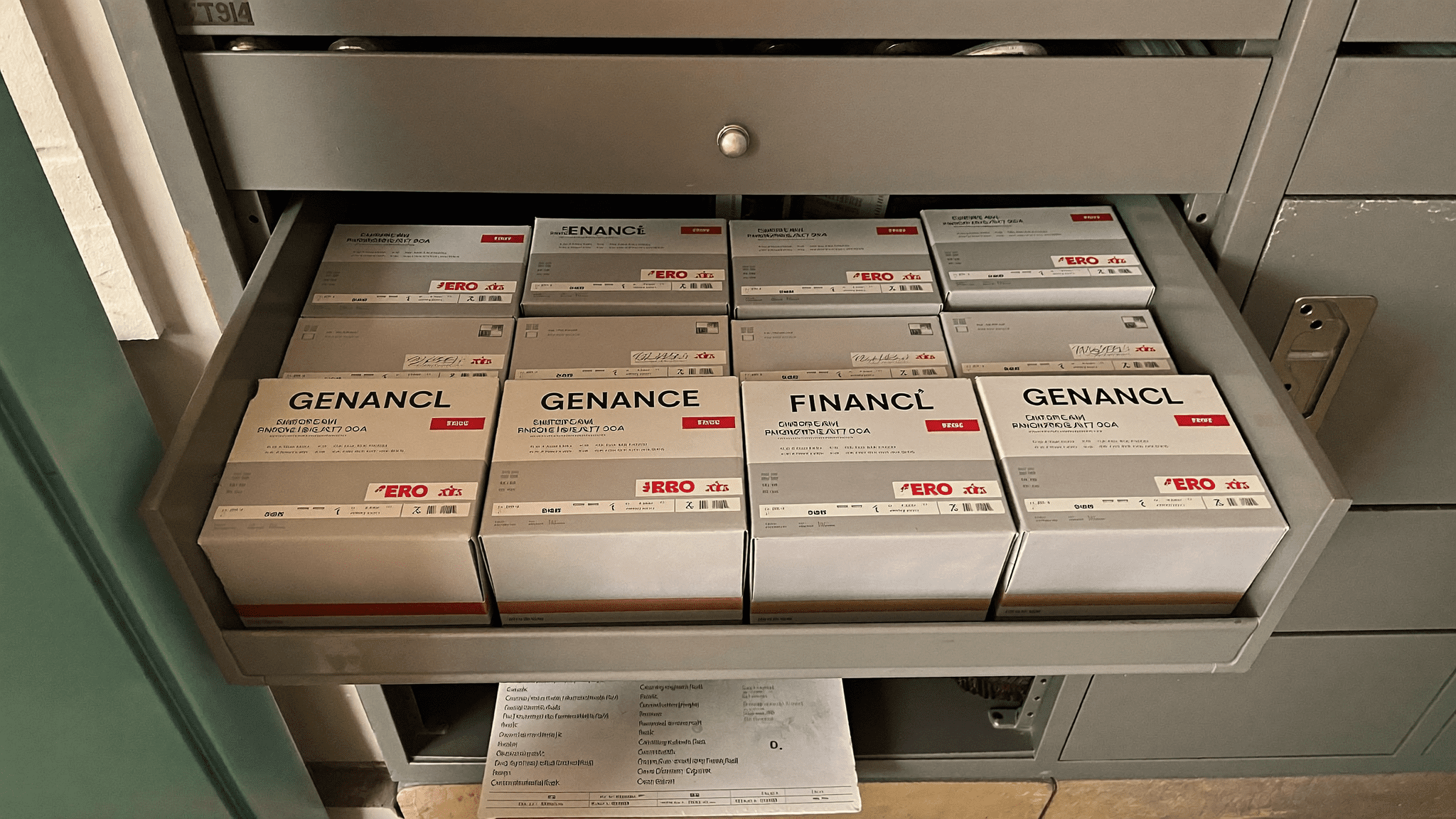 Post-rollout: the same IT drawer now holds eight labelled Logitech business accessory boxes, sorted by user category