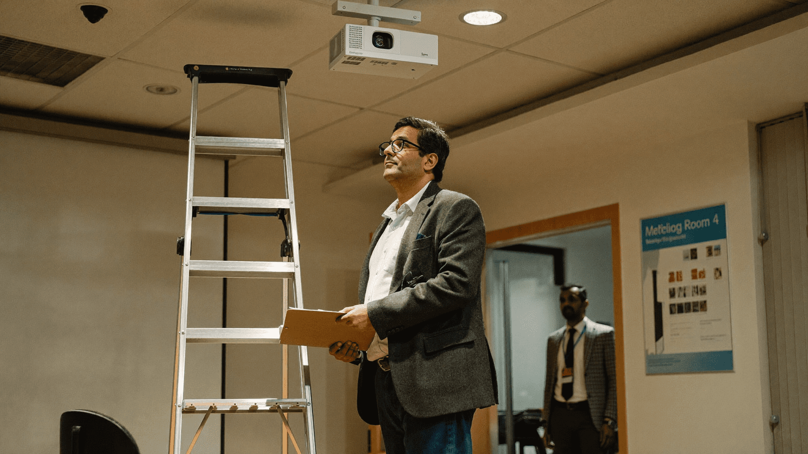 Indian facilities manager beside ceiling mount inspecting BenQ LU960 service log, Mumbai training room
