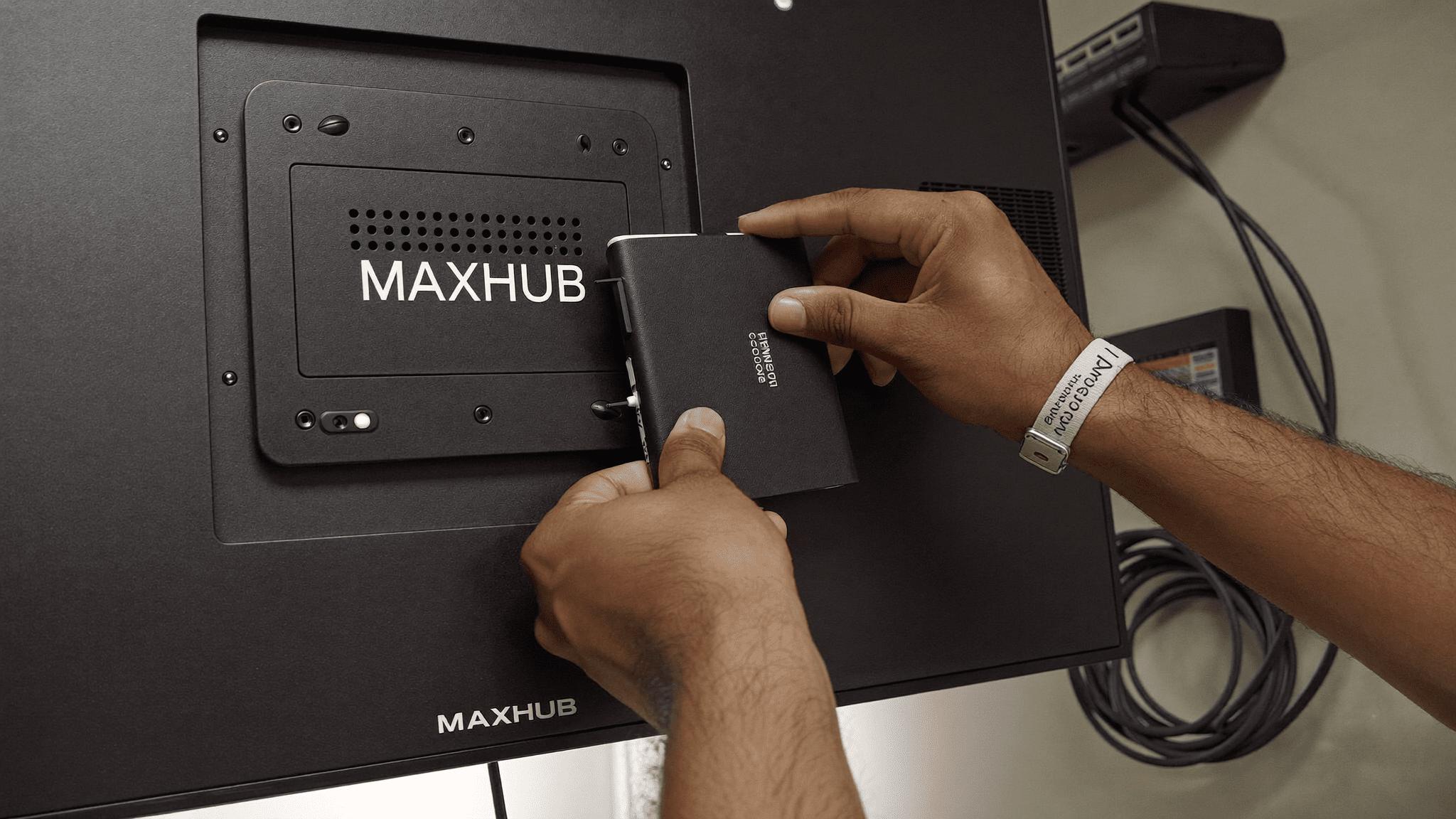 MAXHUB OPS slot in a Pune cabin room showing Windows mini PC sleeve and Teams Rooms profile