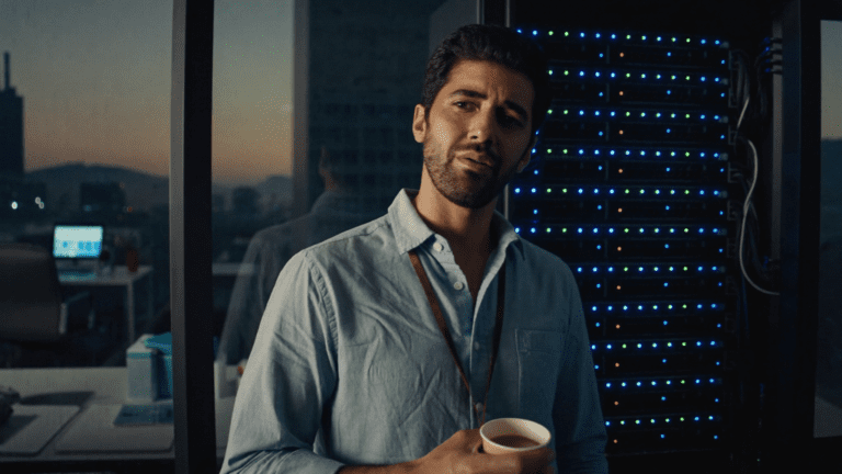 Indian IT head at server rack cabinet at dawn during Mumbai bank firewall cutover, chai cup in hand