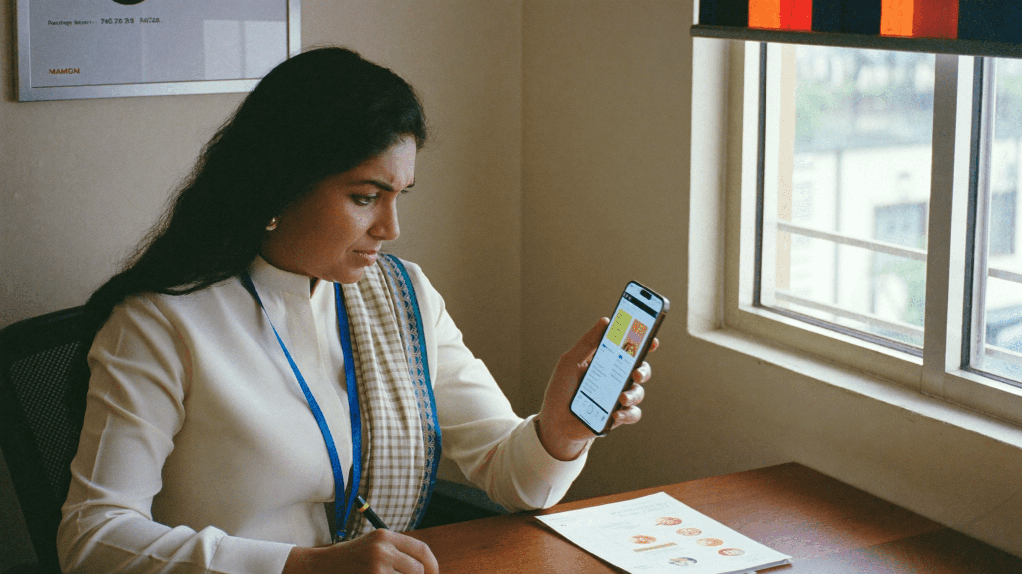 Indian compliance officer in kurta reviewing audit screenshots on smartphone in bank cabin