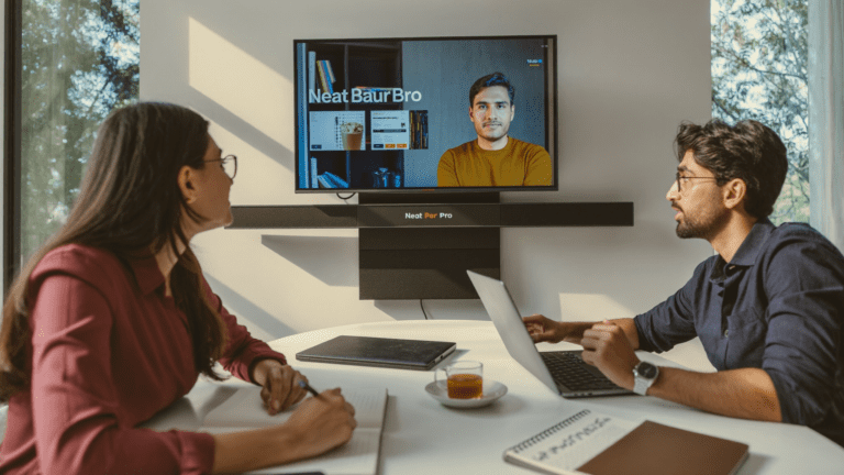 Hybrid Zoom Rooms meeting in a Bengaluru SaaS office with a Neat Bar Pro and Neat Pad in use