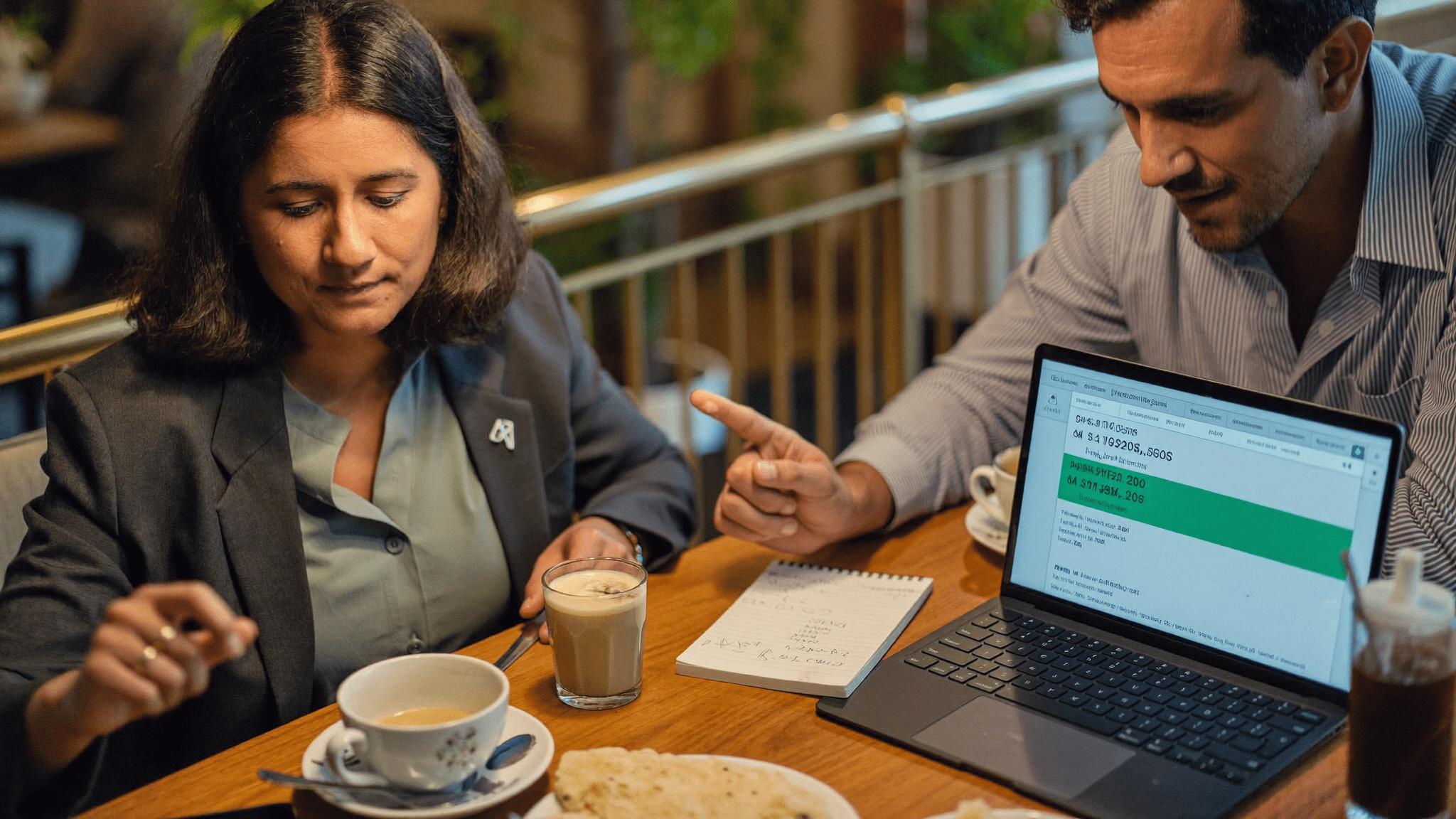 Pune cafe at 7 14 PM with CFO and CX head reviewing Freshworks HubSpot Zoho quotes on a Surface laptop with two chai cups and a printed pricing PDF