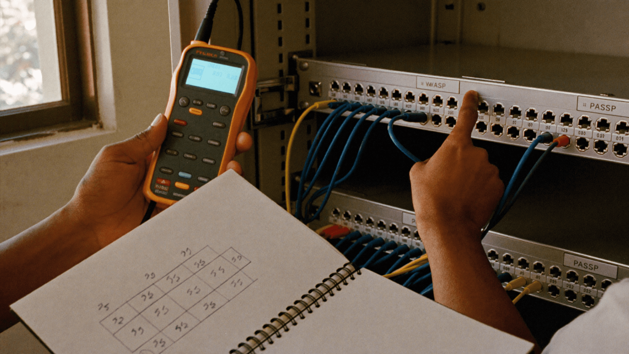 Belden structured cabling india: a Fluke DSX cable certifier shows a PASS on a 96-port Cat6A sweep next to a labelled patch panel