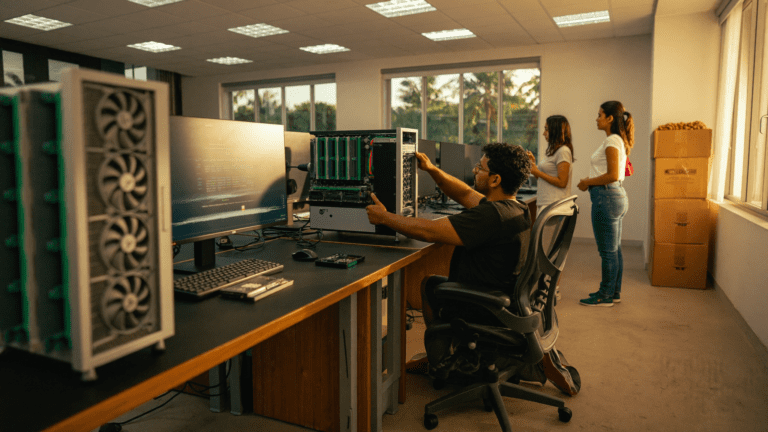 NVIDIA RTX workstation rollout india: Bengaluru office floor Friday morning, 14 Lenovo ThinkStation P5 workstations being unboxed with RTX 6000 Ada GPUs visible