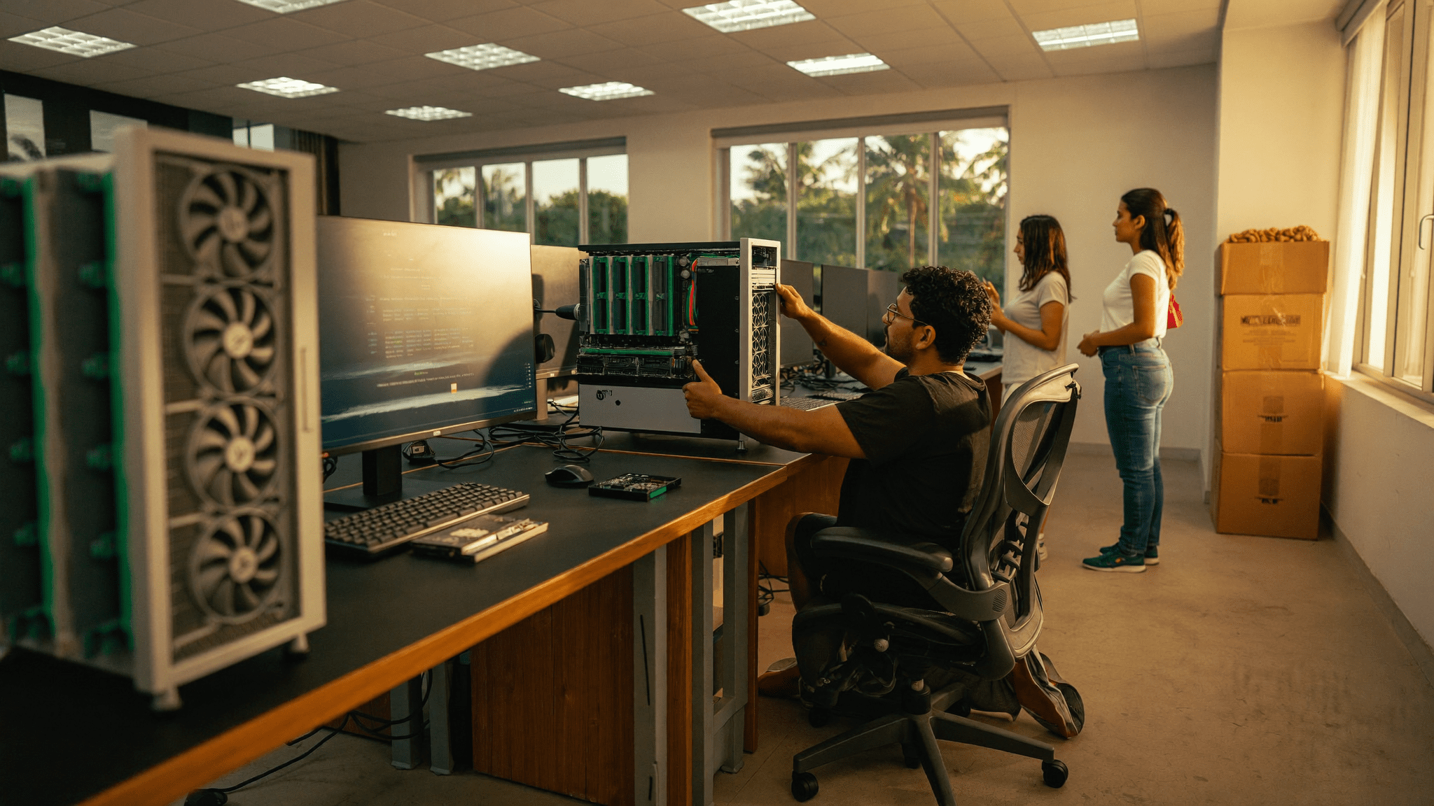 NVIDIA RTX workstation rollout india: Bengaluru office floor Friday morning, 14 Lenovo ThinkStation P5 workstations being unboxed with RTX 6000 Ada GPUs visible