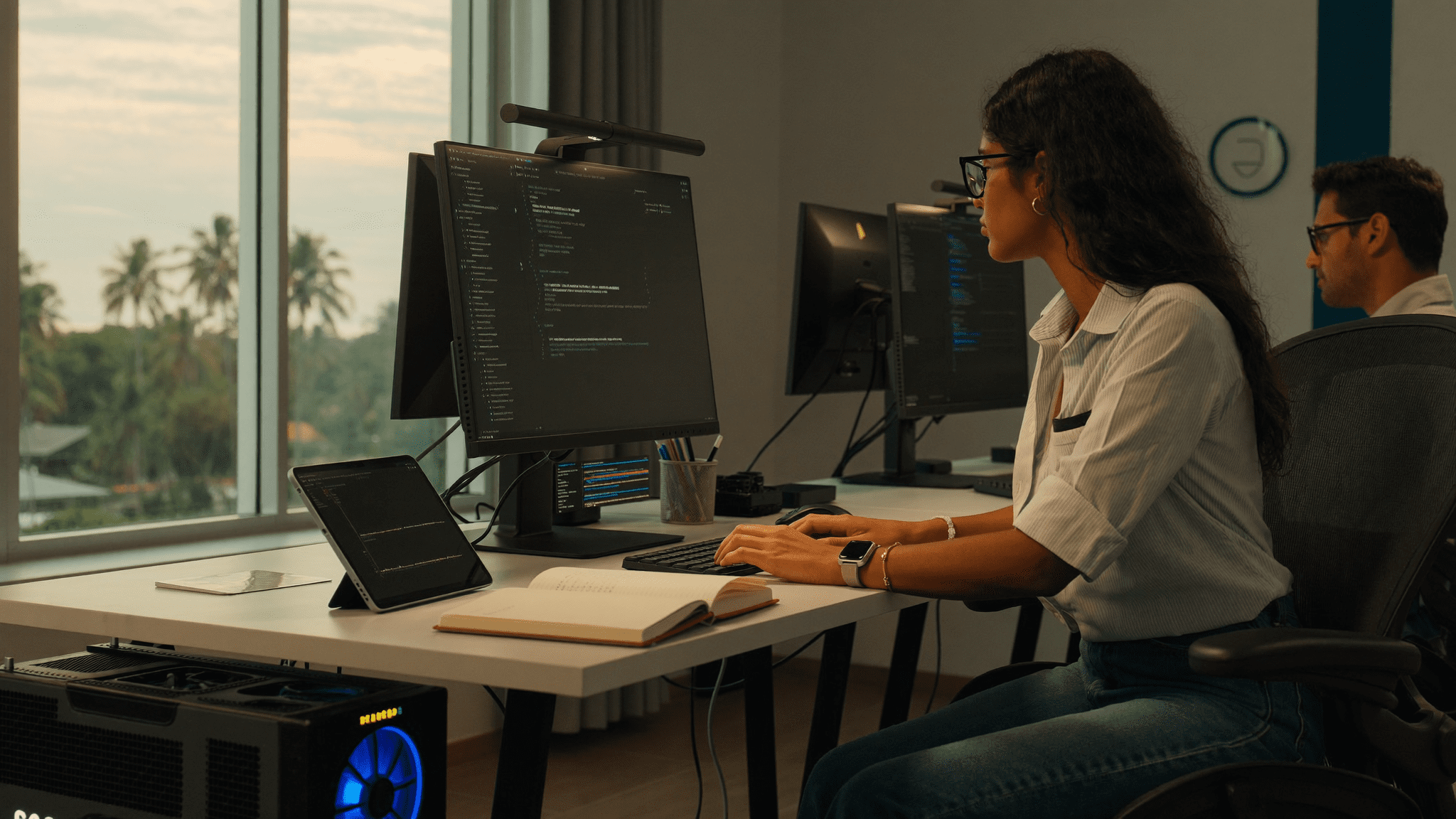 NVIDIA RTX workstation rollout india: data team lead at her new RTX 6000 Ada workstation running a notebook locally instead of on AWS, Bengaluru office afternoon light