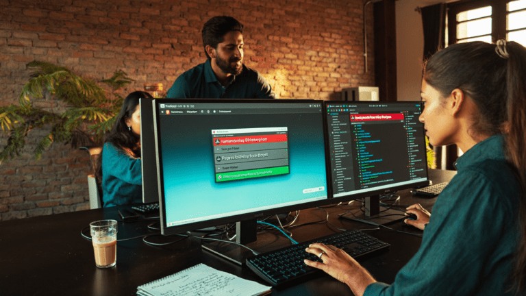 AvePoint Cloud Backup for Microsoft 365 india: Hyderabad SaaS IT manager and engineer reviewing M365 ransomware alert console on Tuesday morning