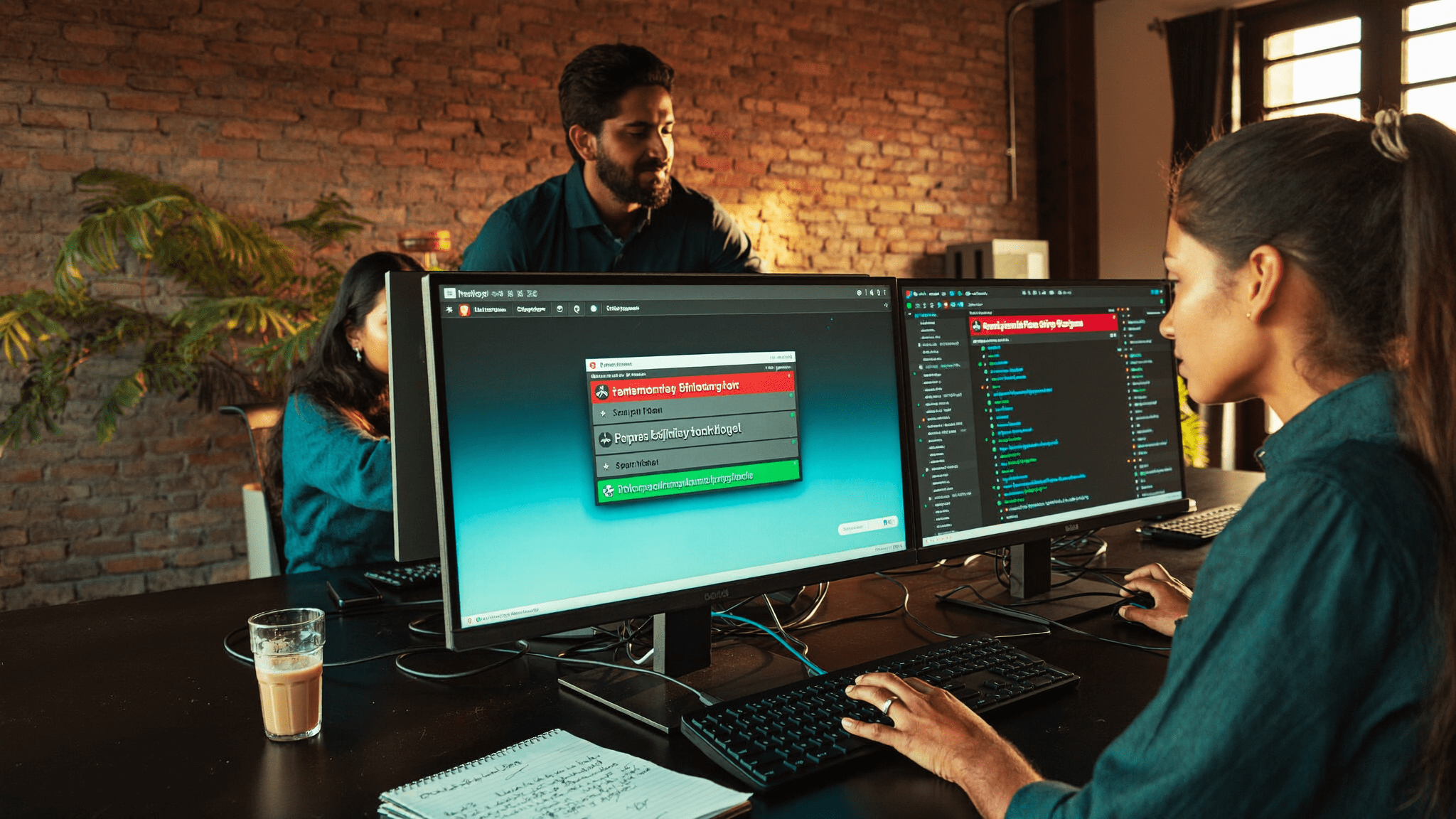AvePoint Cloud Backup for Microsoft 365 india: Hyderabad SaaS IT manager and engineer reviewing M365 ransomware alert console on Tuesday morning