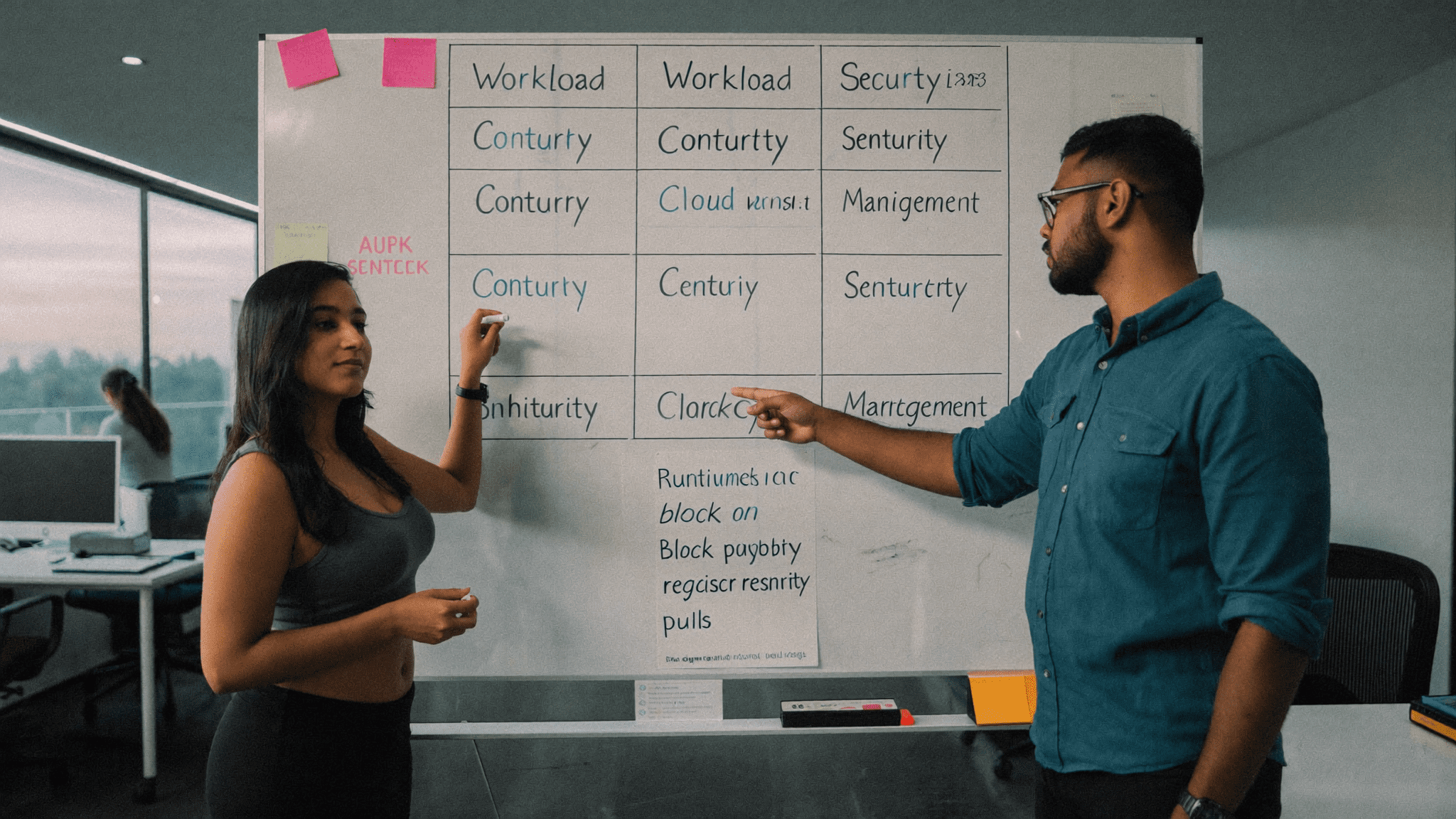 Trend Micro Cloud One workload security India: Bengaluru fintech SecOps whiteboard showing the five-module split and the three-line poster policy