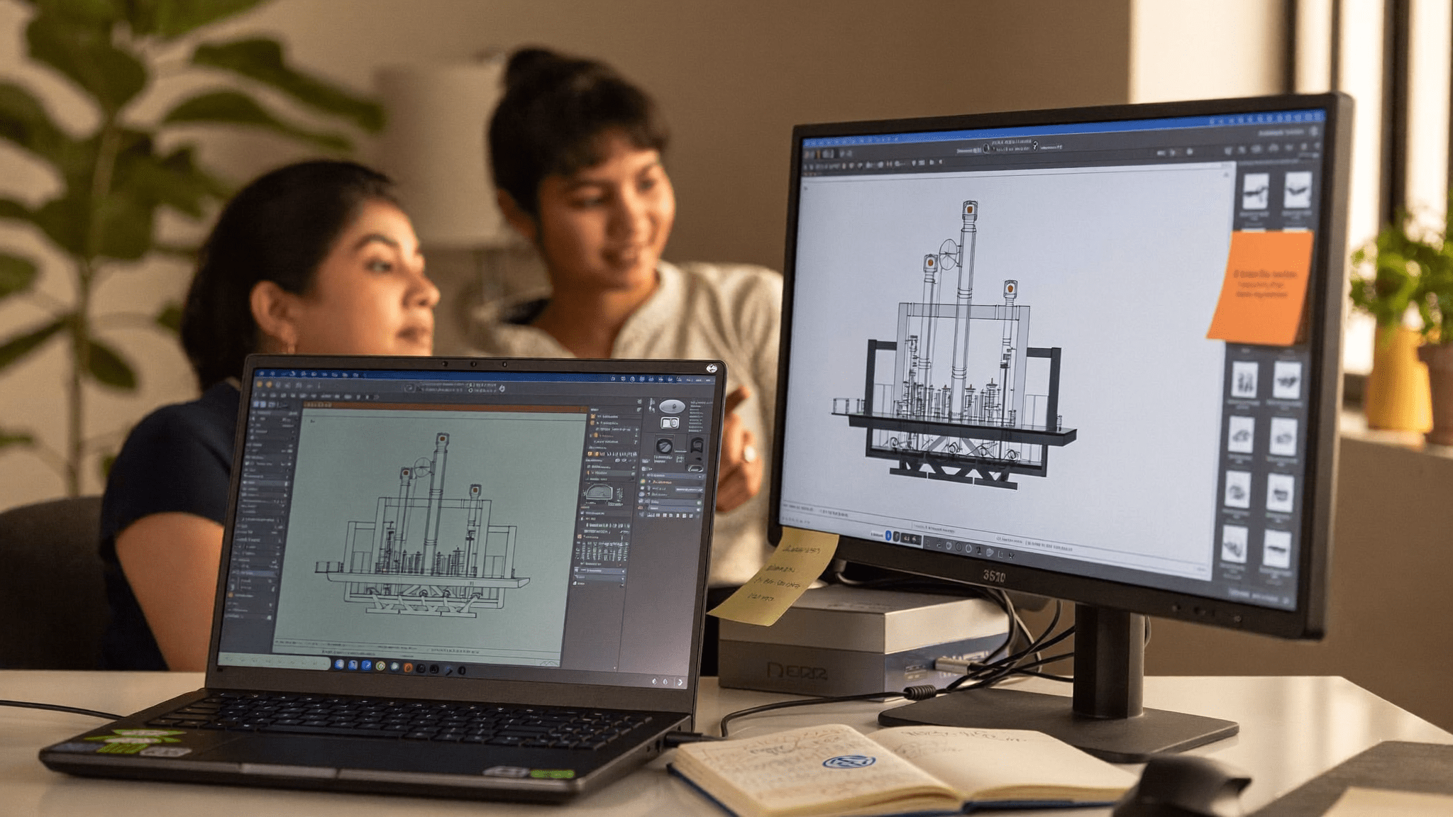 Dell laptop fleet rollout india: Riya and the design lead reviewing a Solidworks assembly on a new Dell Precision 3591 mobile workstation, Hyderabad office afternoon