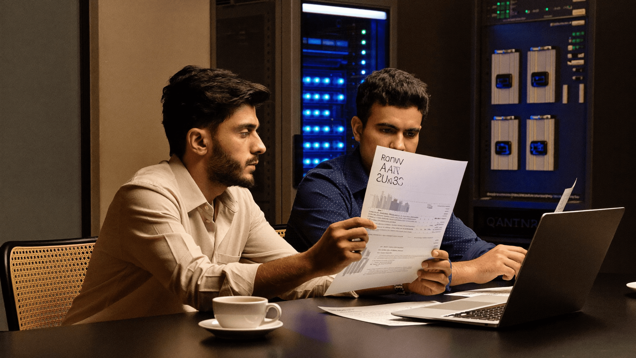 Pune wealth management firm IT room at 6 PM with CFO and IT head reviewing Veritas NetBackup Veeam Acronis quotes on a laptop with a tape library cabinet behind