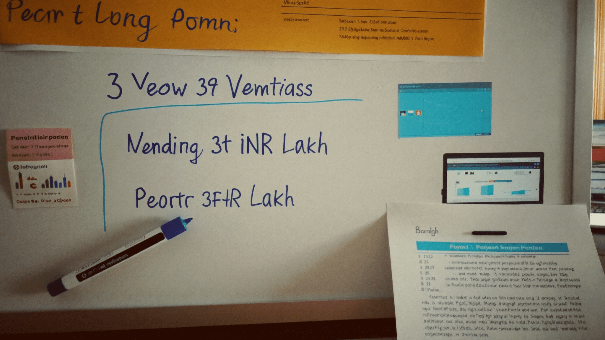 Whiteboard comparison of Veritas NetBackup Veeam Acronis three-year cost in INR Lakh, with two laptops and a printed contract page in background