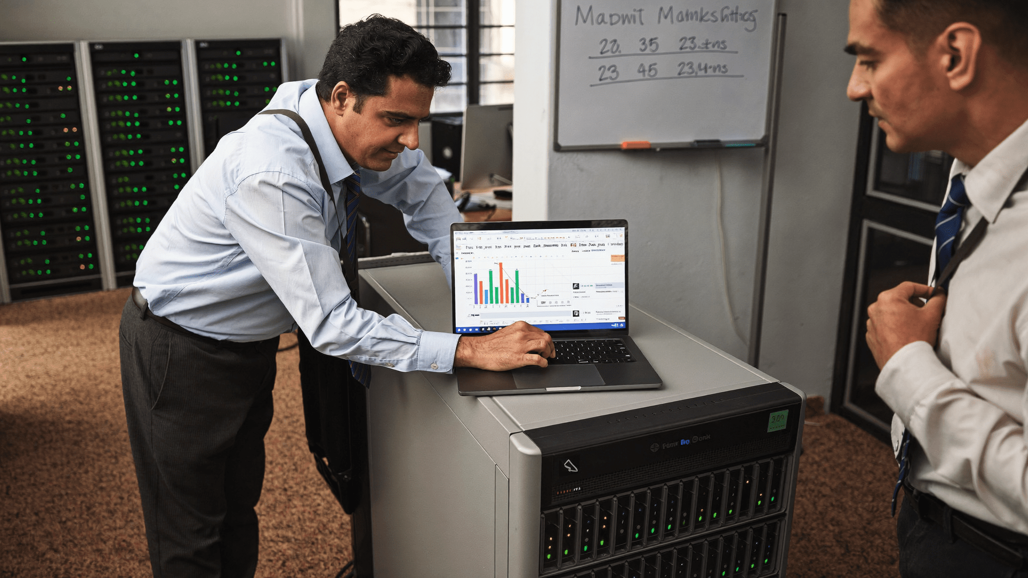 Mumbai cooperative bank IT head Manish and lead engineer Aakash reviewing the 60-day NetApp AFF ONTAP versus Dell PowerStore versus Hitachi VSP One bake-off Excel on a 14 inch laptop, NVMe storage controller in background