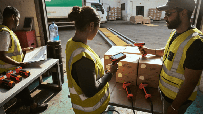 Honeywell CT45 deployment India: Bhiwandi 3PL dispatch dock Friday morning with two floor staff scanning cartons using bright orange CT45 XP rugged handhelds