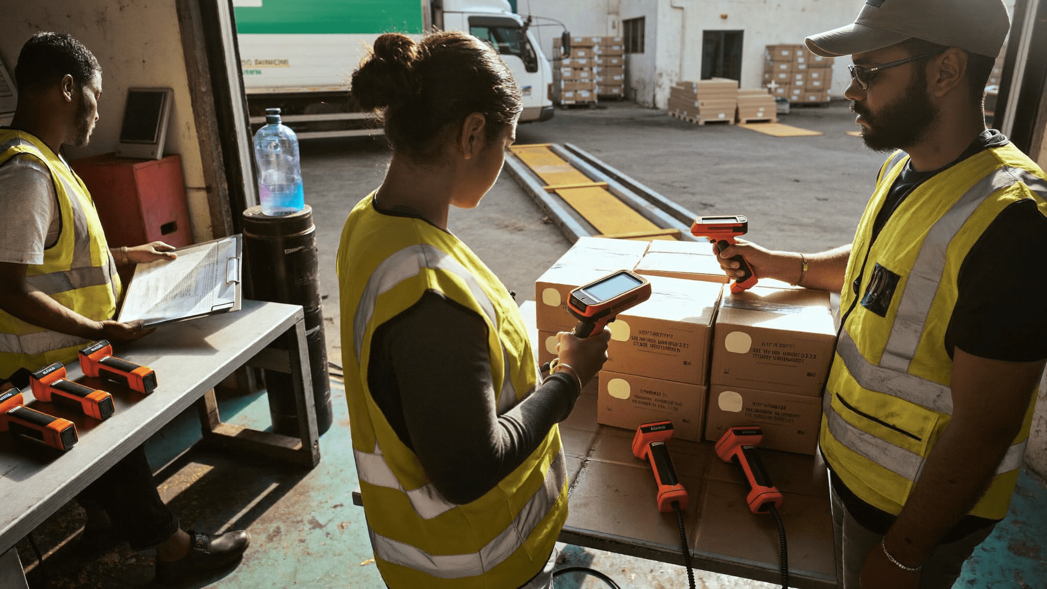 Honeywell CT45 deployment India: Bhiwandi 3PL dispatch dock Friday morning with two floor staff scanning cartons using bright orange CT45 XP rugged handhelds