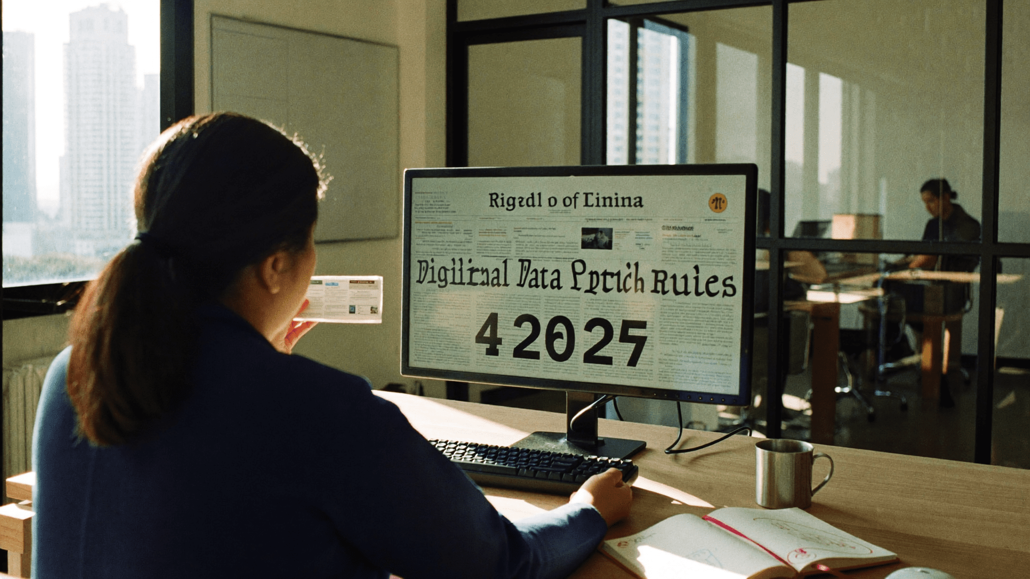 Mumbai security analyst at her desk reading DPDP Rules 2025 notification, morning of 13 November 2025
