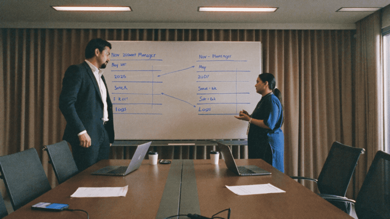 Mumbai bank IT head and security analyst at the whiteboard sequencing the DPDP Rules 2025 deadlines November 2026 and May 2027