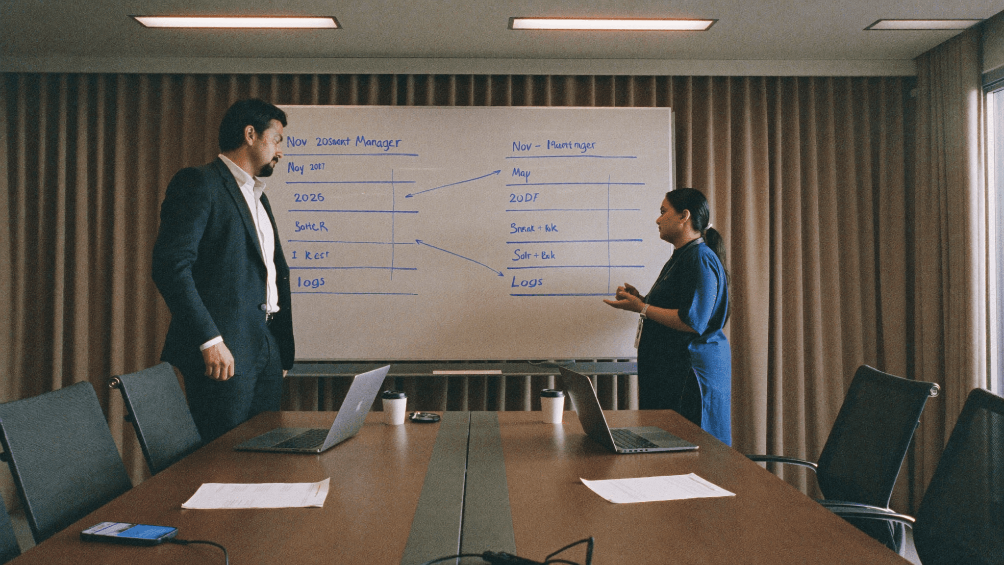 Mumbai bank IT head and security analyst at the whiteboard sequencing the DPDP Rules 2025 deadlines November 2026 and May 2027