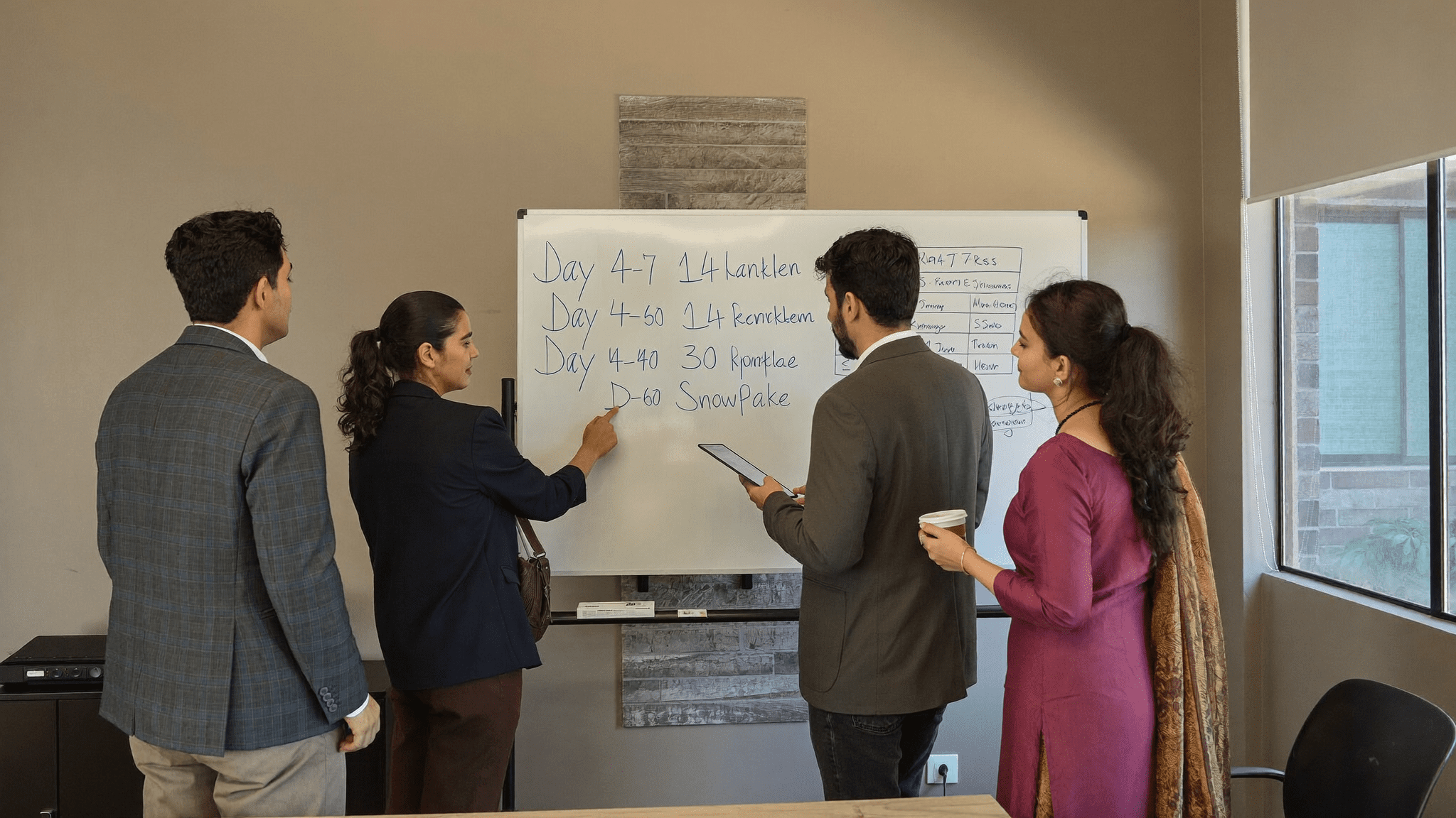 Mumbai NBFC team at whiteboard sequencing Day 4 to Day 60 Aurva remediation plan for DPDP fiduciary readiness