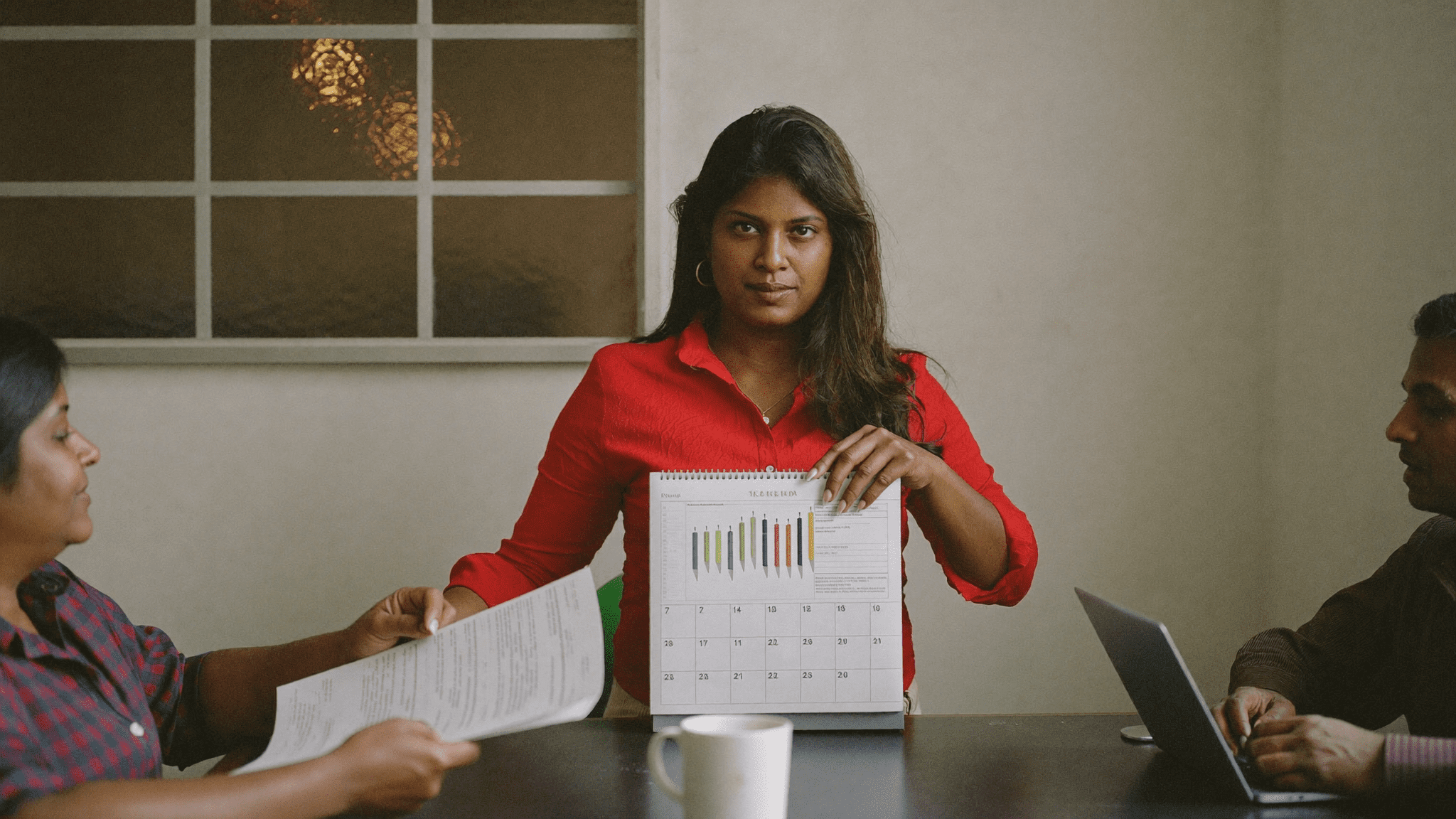 Indian HR head in Bengaluru fintech morning meeting with paper Diwali gifting calendar 12-week planning