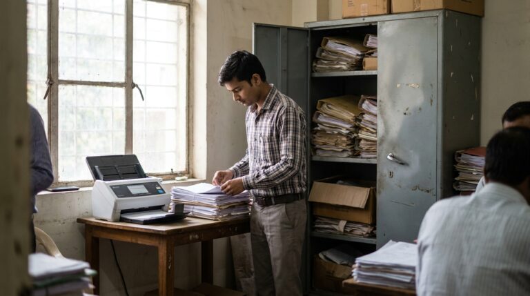 Fujitsu scanner India setup: a desktop document scanner digitizing client files in a Pune CA firm records room