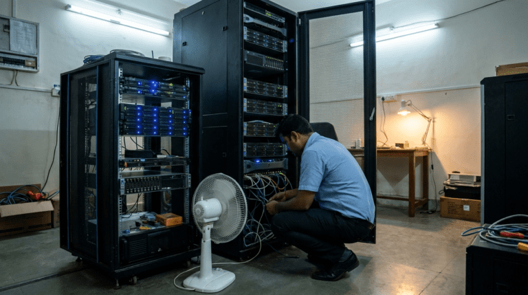 An IT manager checks server cabling in a Pune server room, a white pedestal fan pointed at the rack.