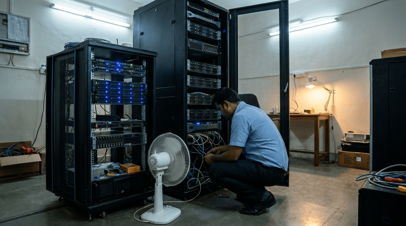 An IT manager checks server cabling in a Pune server room, a white pedestal fan pointed at the rack.