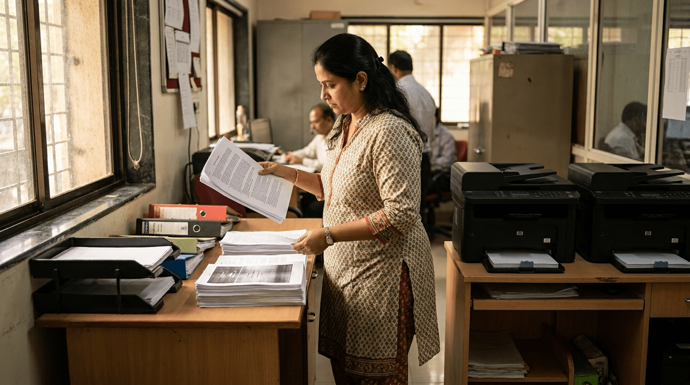 Office administrator in a Pune engineering consultancy comparing printed pages next to two mono laser office printers during a Pantum versus HP print fleet trial