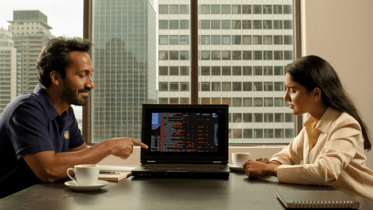 Mumbai security lead pointing at an EDR alert console on a ThinkPad, security consultant looking on, conference room in Lower Parel