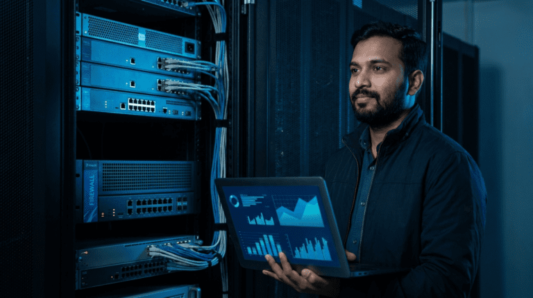 Check Point firewall India deployment: an Indian network engineer beside a data centre server rack at night