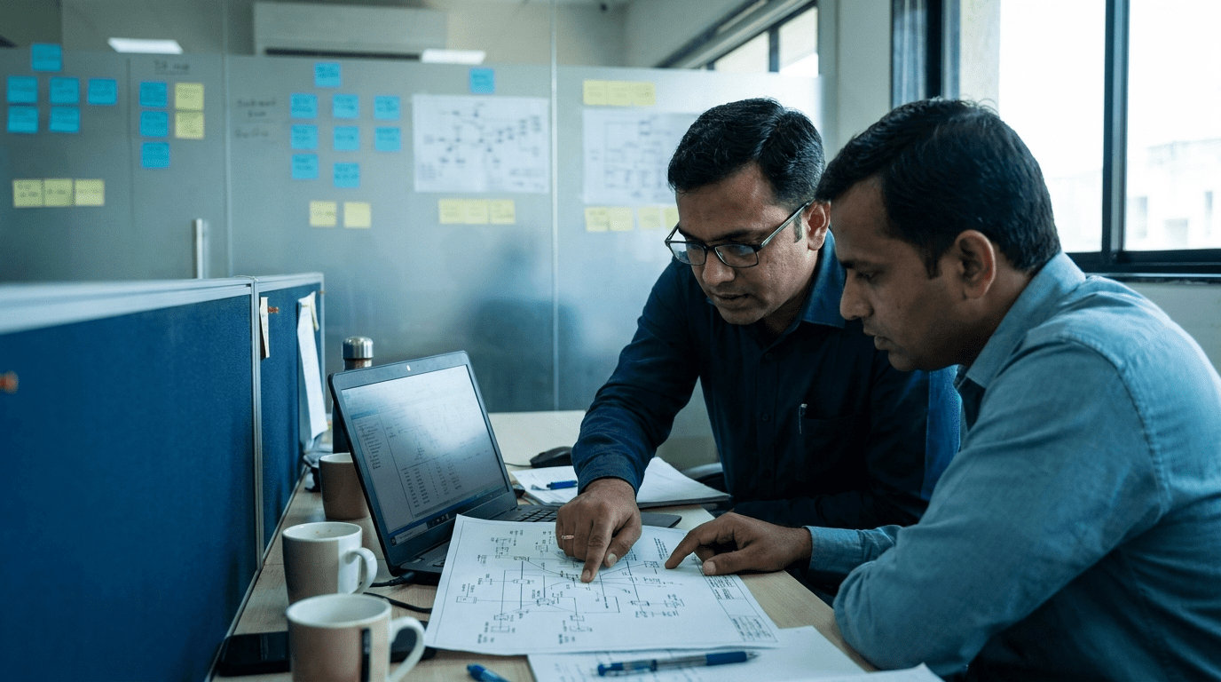 Engineers staging a Check Point firewall policy migration in a Vashi office