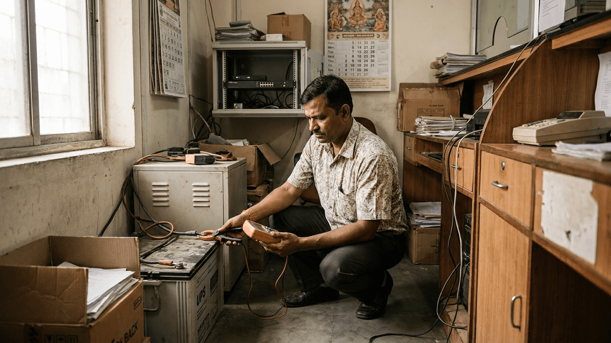 Indian bank branch IT administrator testing the branch UPS before an RBI inspection, Sirius Star
