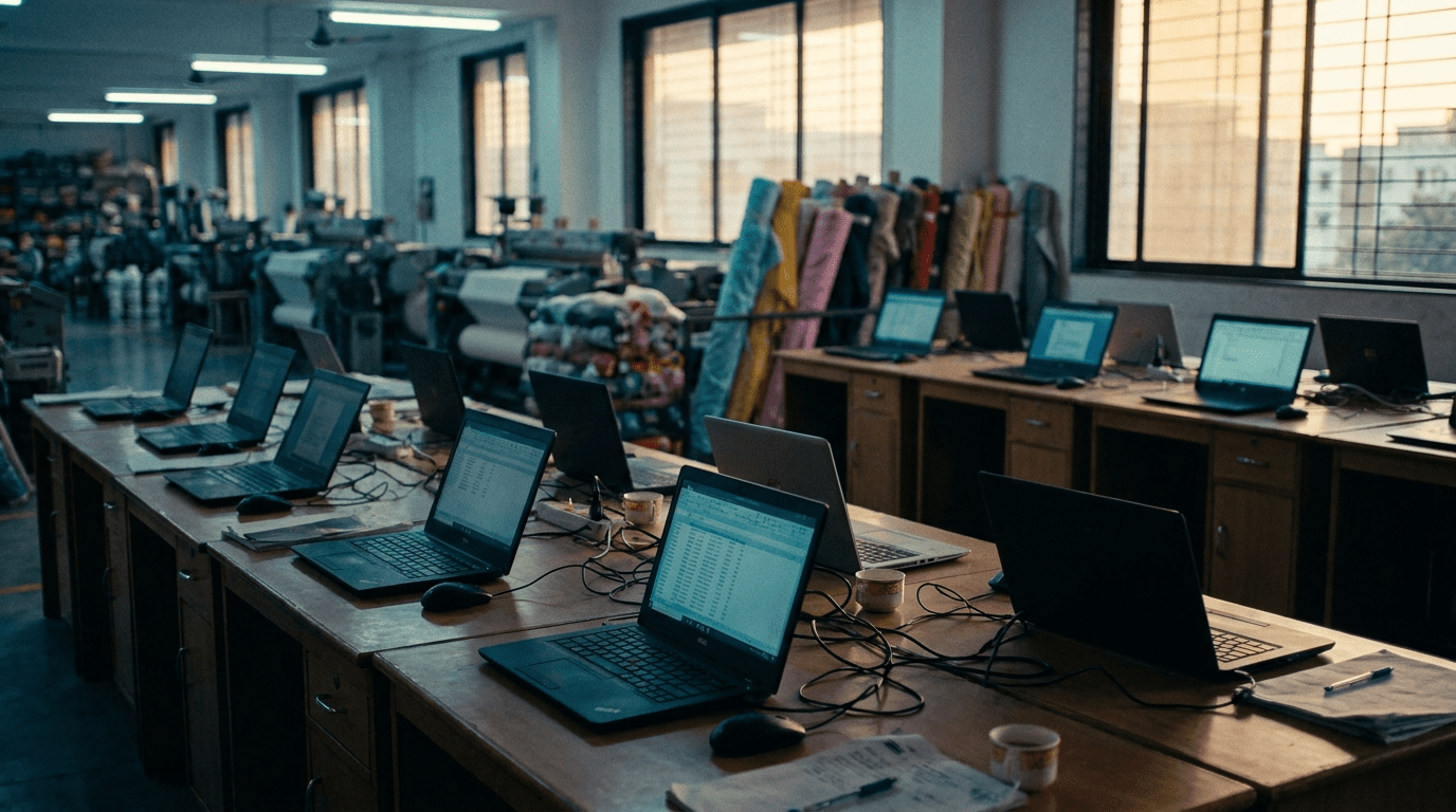 Rows of business laptops on plain desks on a Jaipur shared-services floor, ready to be imaged and handed out before a Monday induction