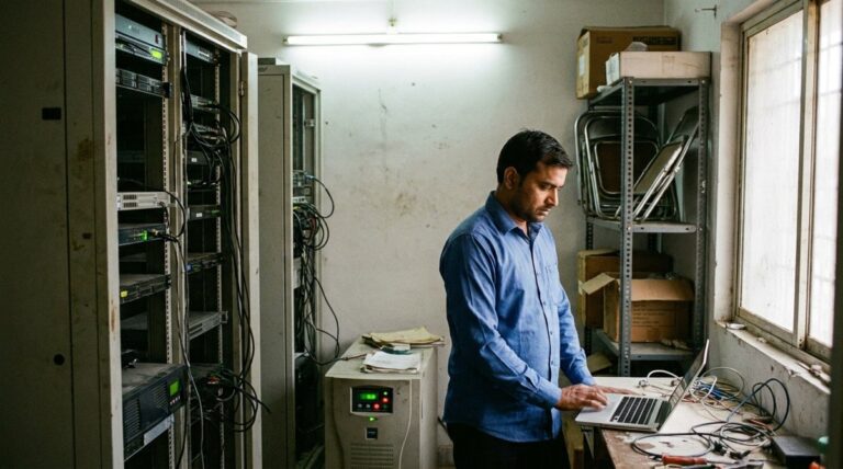 Moving a server room into AWS, an Indian IT manager reviews a laptop beside two ageing server racks in a factory back-office, Sirius Star