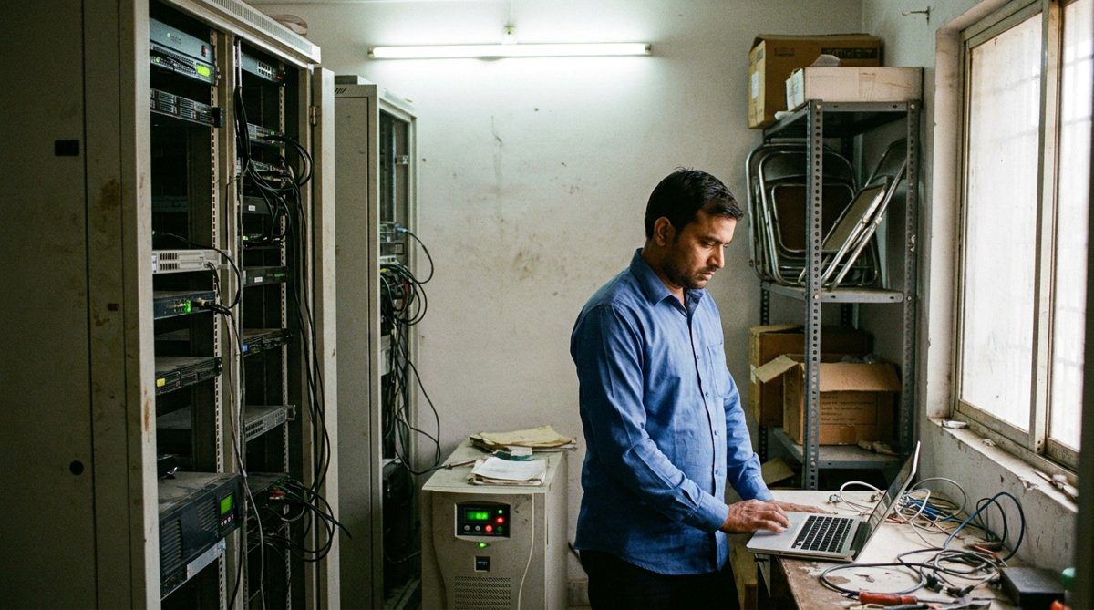 Moving a server room into AWS, an Indian IT manager reviews a laptop beside two ageing server racks in a factory back-office, Sirius Star