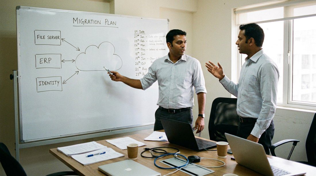 A hand-drawn AWS migration plan on a whiteboard with file server, ERP and identity moving to the cloud one workload at a time