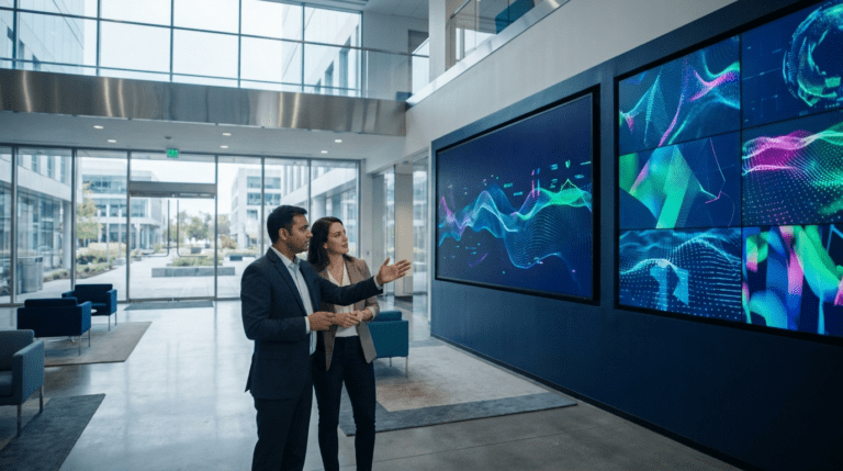 Two professionals in a Navi Mumbai office lobby reviewing a multi-panel LG video wall showing colourful dashboards