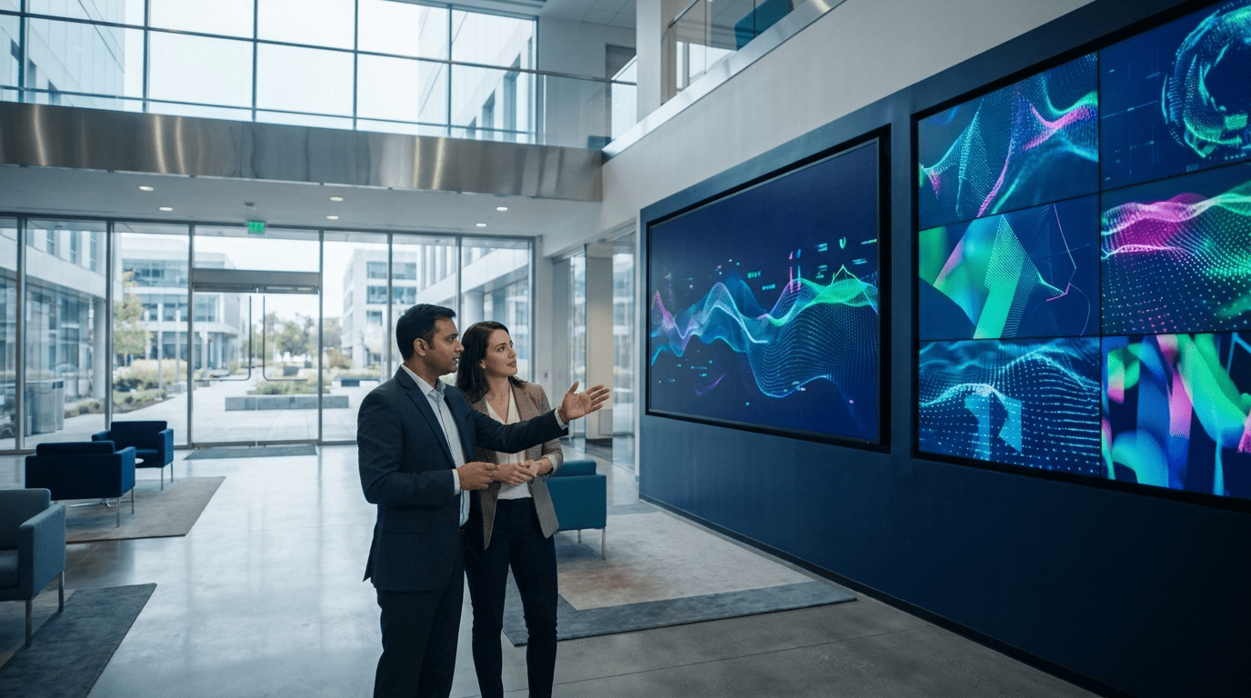 Two professionals in a Navi Mumbai office lobby reviewing a multi-panel LG video wall showing colourful dashboards
