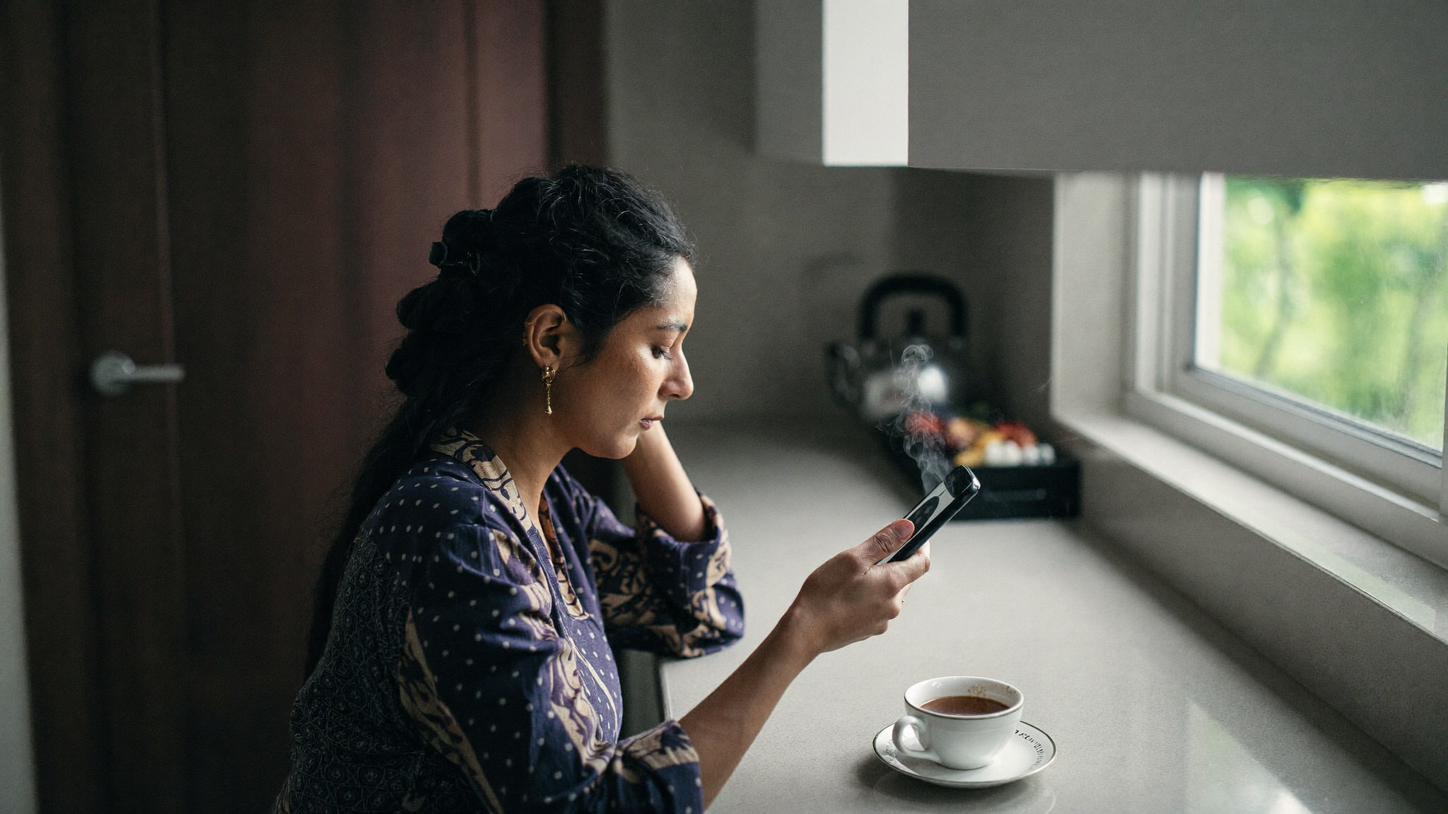 Indian IT manager checks her phone in Mumbai kitchen morning light with chai cup