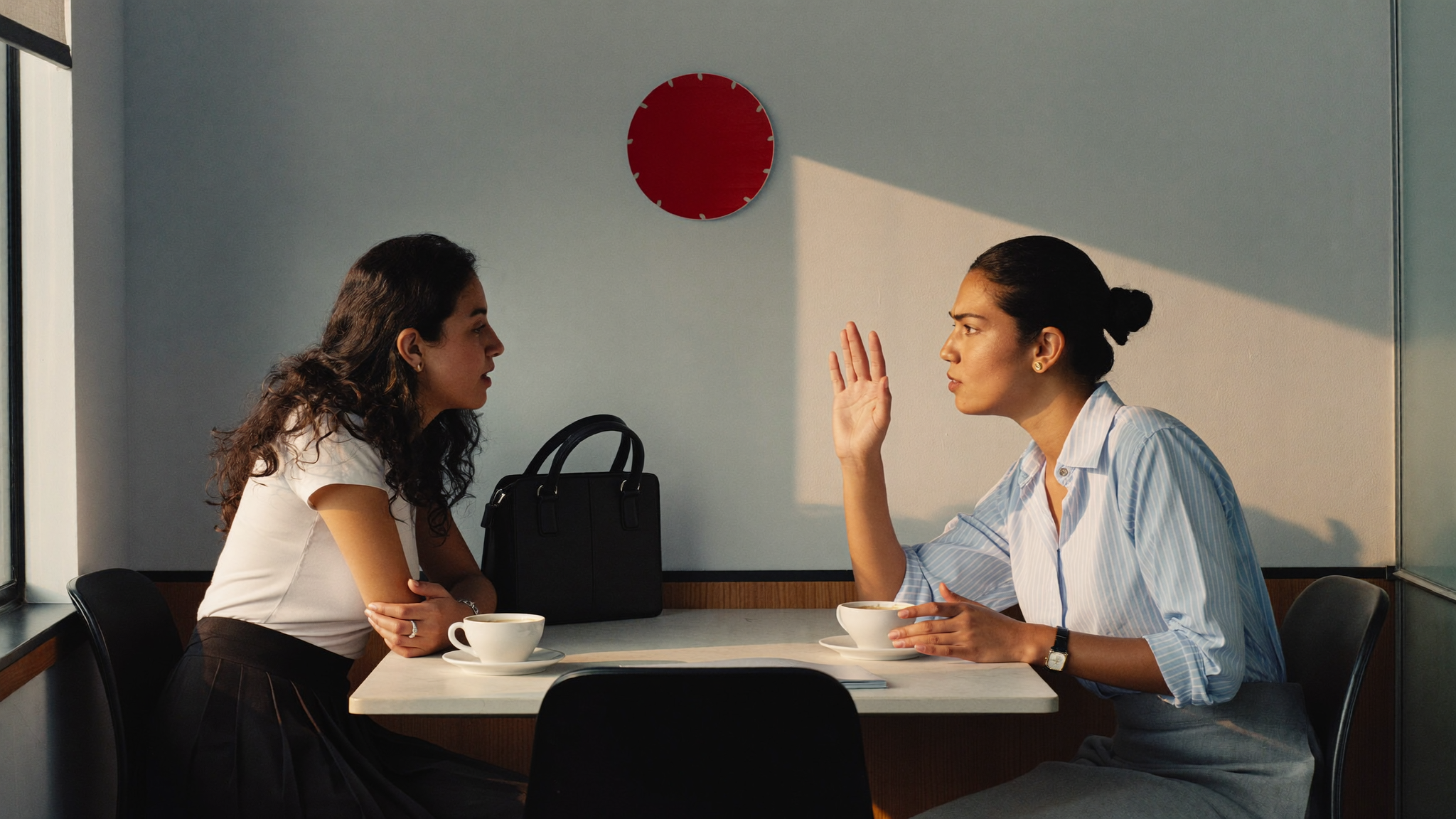 Two Indian women friends mid-conversation at office cafeteria one venting one listening