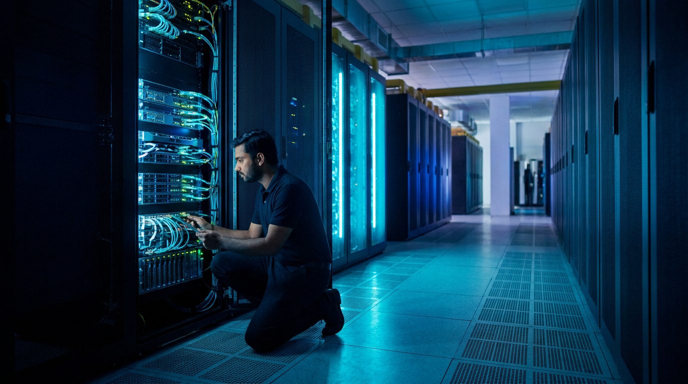 Indian data-centre engineer beside a row of rack-mounted servers with cyan indicator lights in a Navi Mumbai server hall