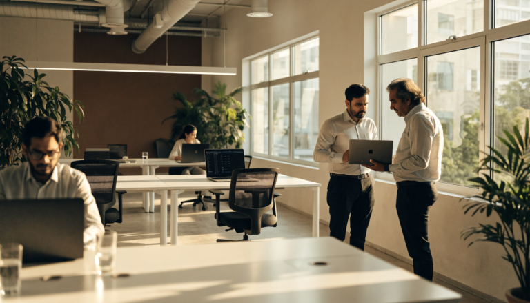 A growing Indian company's open-plan office with several business laptops on the desks while an IT manager and the founder compare a laptop by the window