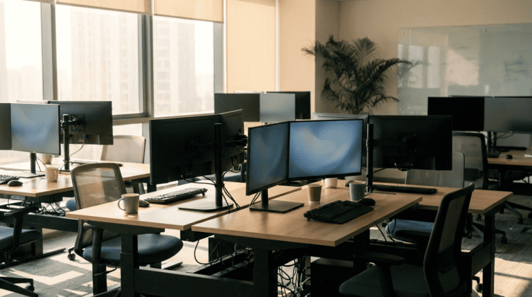 Rows of desks in an Indian office with business monitors on height-adjustable stands, two foreground desks running dual screens